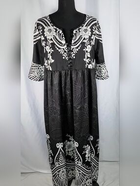Black White Floral Midi Dress Women L Flowy Babydoll Empire Waist & Bell Sleeves